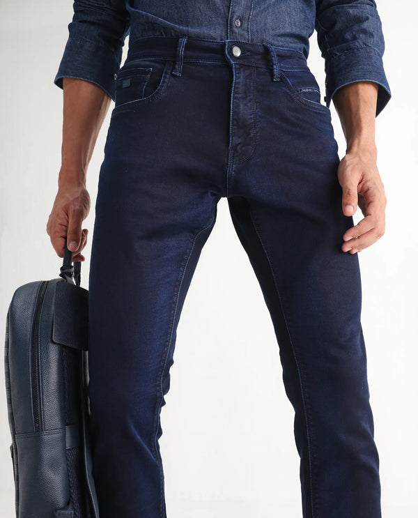 Rare Rabbit Men's Dobe Dark Blue Dark Wash Mid-Rise Slim Fit Jeans