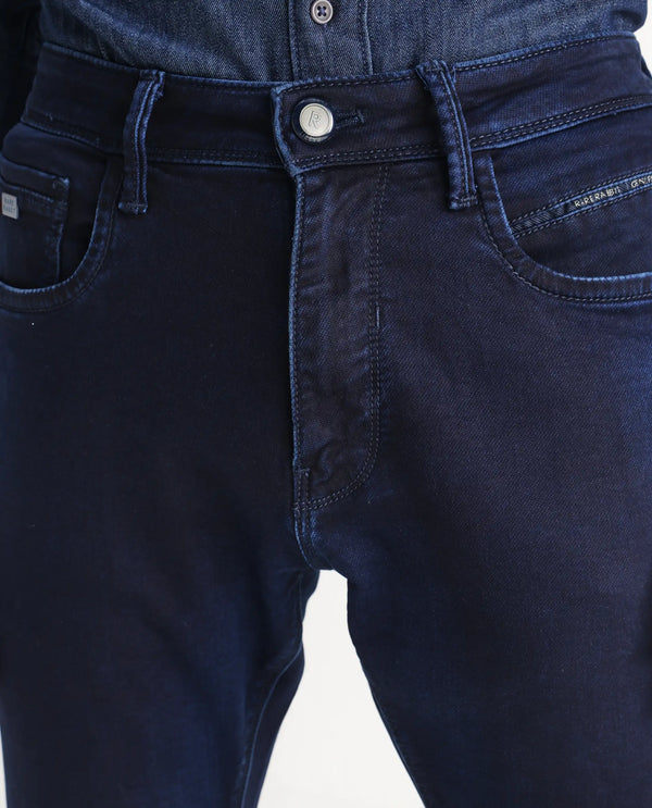 Rare Rabbit Men's Dobe Dark Blue Dark Wash Mid-Rise Slim Fit Jeans