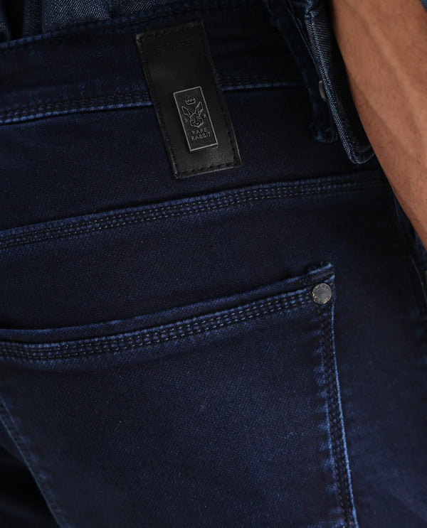 Rare Rabbit Men's Dobe Dark Blue Dark Wash Mid-Rise Slim Fit Jeans