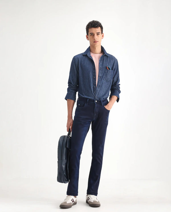 Rare Rabbit Men's Dobe Dark Blue Dark Wash Mid-Rise Slim Fit Jeans