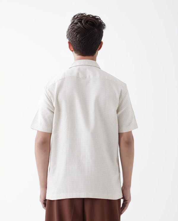 Rare Rabbit Men's Dobo Beige Cotton Fabric Half Sleeve Cuban Collar Button Closure Relaxed Fit Polka dot Shirt
