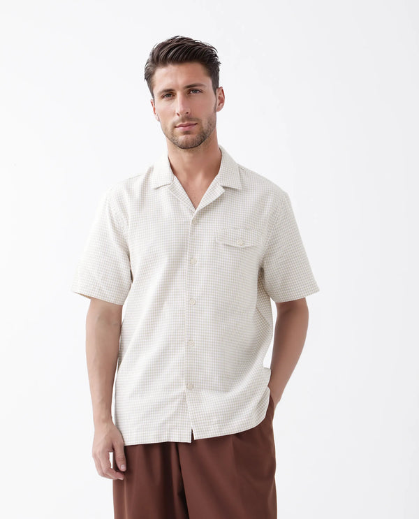 Rare Rabbit Men's Dobo Beige Cotton Fabric Half Sleeve Cuban Collar Button Closure Relaxed Fit Polka dot Shirt