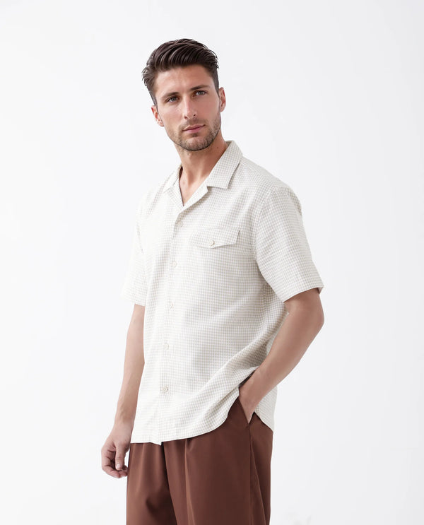 Rare Rabbit Men's Dobo Beige Cotton Fabric Half Sleeve Cuban Collar Button Closure Relaxed Fit Polka dot Shirt