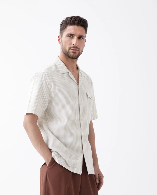 Rare Rabbit Men's Dobo Beige Cotton Fabric Half Sleeve Cuban Collar Button Closure Relaxed Fit Polka dot Shirt