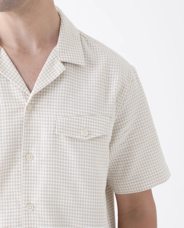 Rare Rabbit Men's Dobo Beige Cotton Fabric Half Sleeve Cuban Collar Button Closure Relaxed Fit Polka dot Shirt