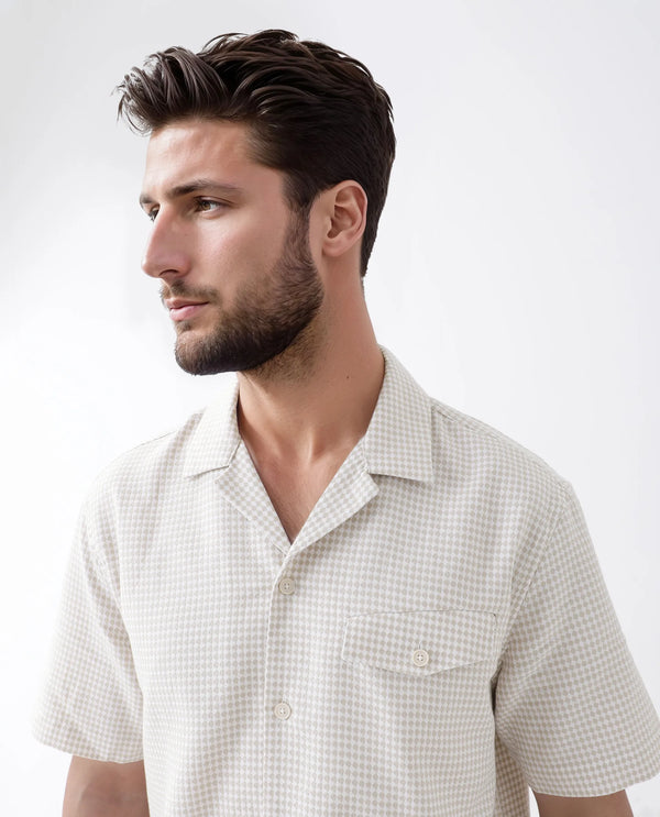 Rare Rabbit Men's Dobo Beige Cotton Fabric Half Sleeve Cuban Collar Button Closure Relaxed Fit Polka dot Shirt