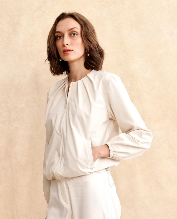 Rareism Women Dockly Beige Full Sleeve Round Neck Zipper Closure Plain Jacket