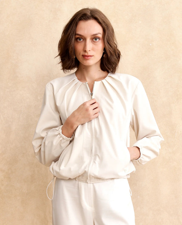 Rareism Women Dockly Beige Full Sleeve Round Neck Zipper Closure Plain Jacket