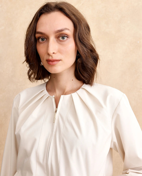 Rareism Women Dockly Beige Full Sleeve Round Neck Zipper Closure Plain Jacket