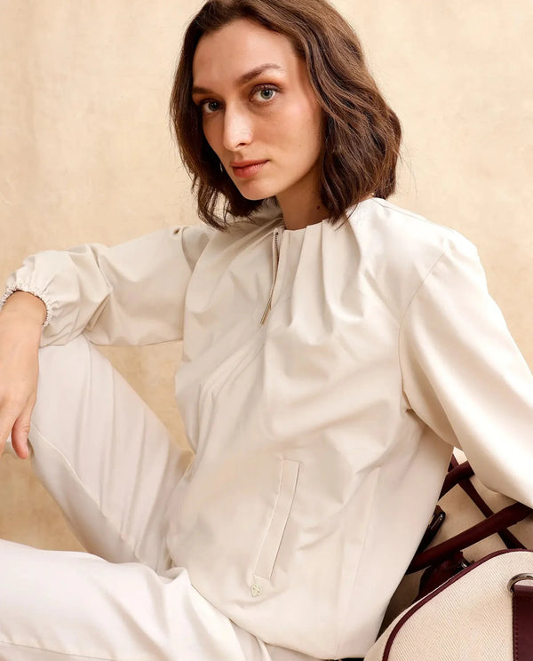 Rareism Women Dockly Beige Full Sleeve Round Neck Zipper Closure Plain Jacket