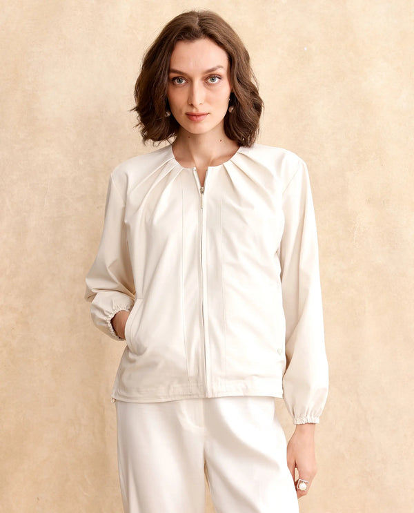 Rareism Women Dockly Beige Full Sleeve Round Neck Zipper Closure Plain Jacket
