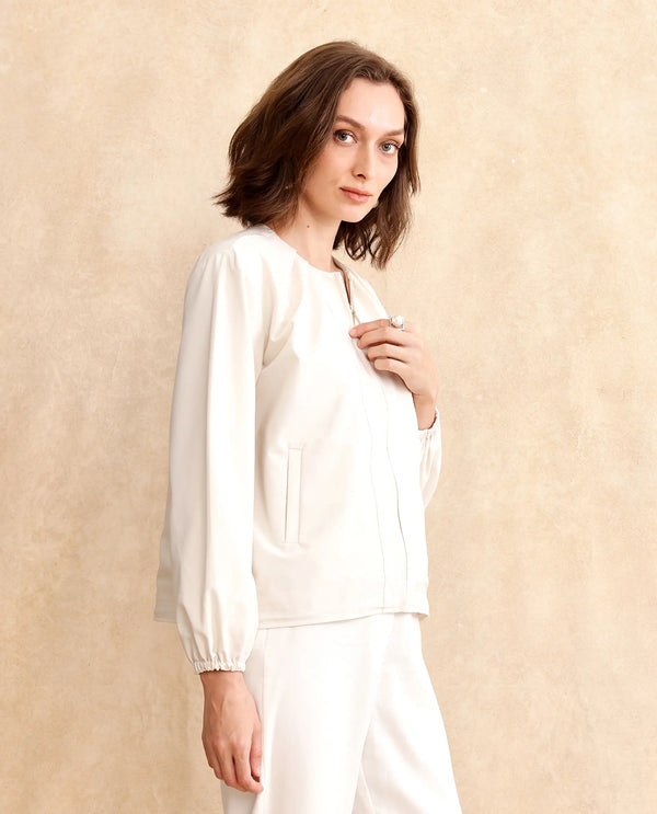 Rareism Women Dockly Beige Full Sleeve Round Neck Zipper Closure Plain Jacket
