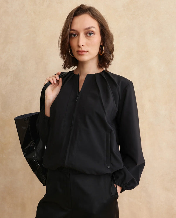 Rareism Women Dockly Black Full Sleeve Crew Neck Zipper Closure Plain Jacket