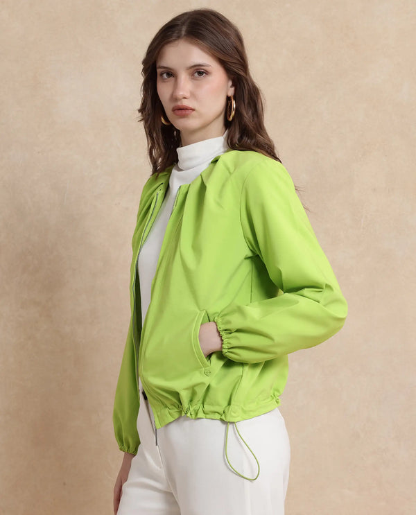 Rareism Women Dockly Green Full Sleeve Round Neck Zipper Closure Plain Jacket
