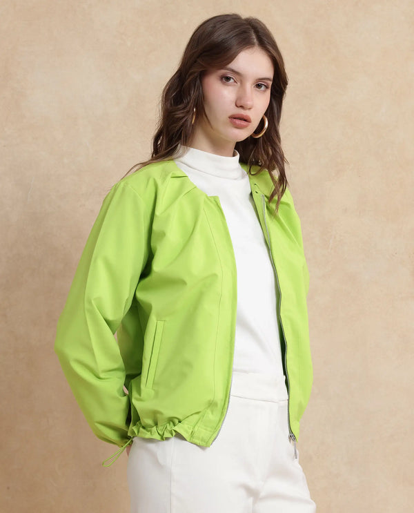 Rareism Women Dockly Green Full Sleeve Round Neck Zipper Closure Plain Jacket