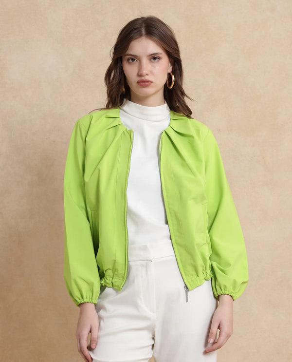 Rareism Women Dockly Green Full Sleeve Round Neck Zipper Closure Plain Jacket