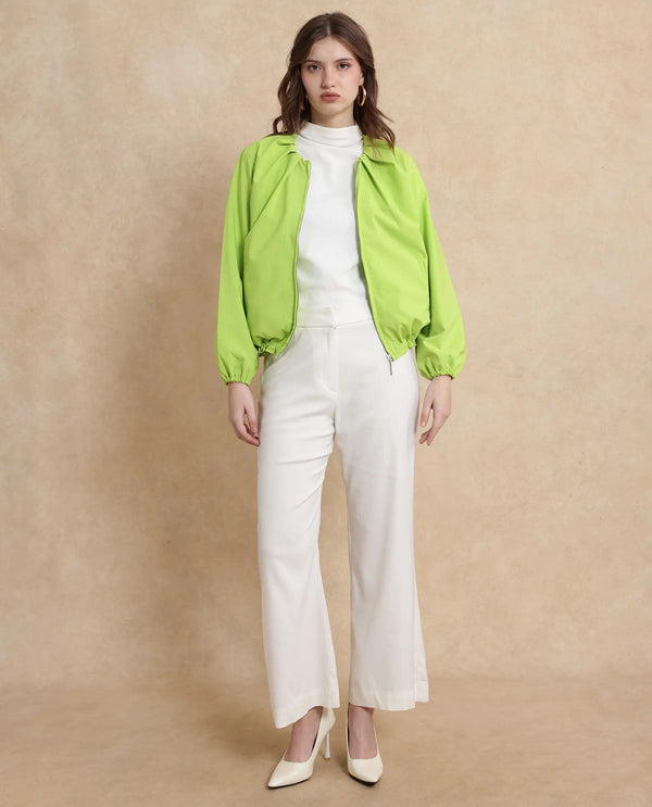 Rareism Women Dockly Green Full Sleeve Round Neck Zipper Closure Plain Jacket