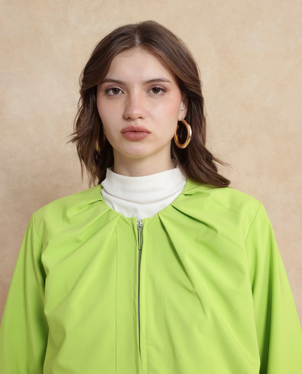 Rareism Women Dockly Green Full Sleeve Round Neck Zipper Closure Plain Jacket