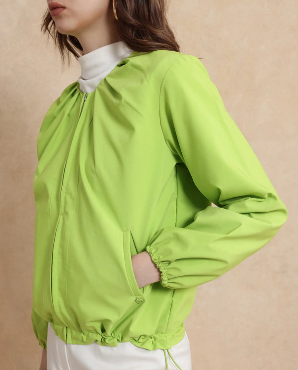 Rareism Women Dockly Green Full Sleeve Round Neck Zipper Closure Plain Jacket