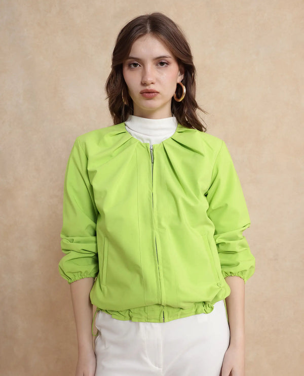 Rareism Women Dockly Green Full Sleeve Round Neck Zipper Closure Plain Jacket