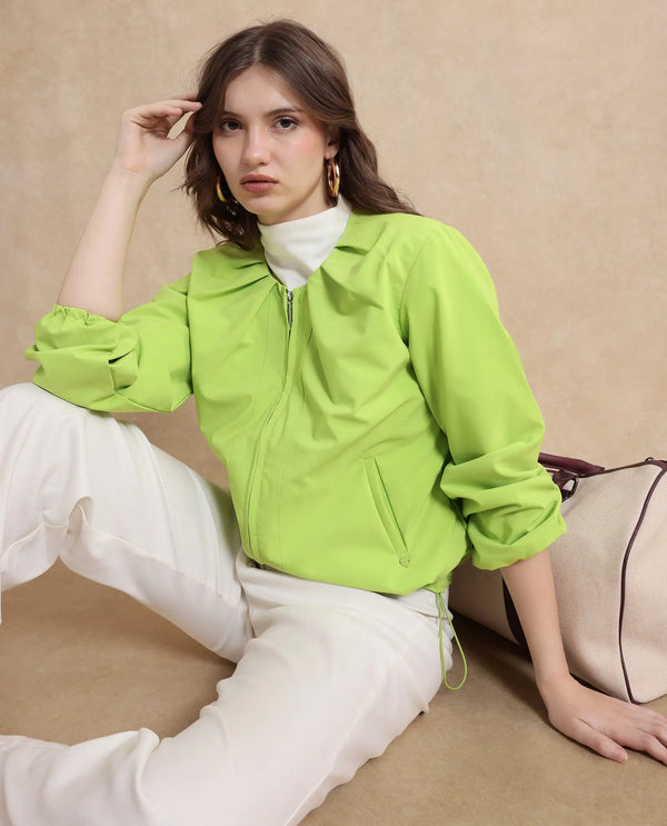 Rareism Women Dockly Green Full Sleeve Round Neck Zipper Closure Plain Jacket