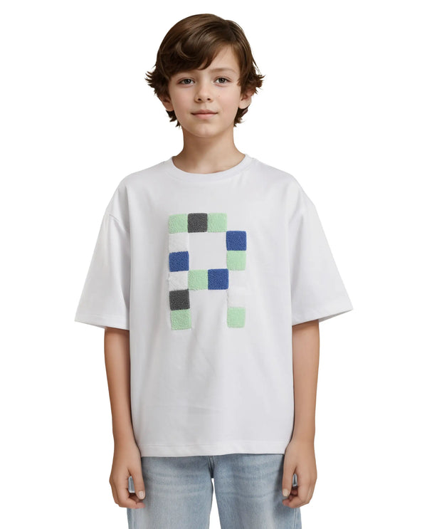 Rare Ones Kids Doe White Cotton Full Sleeves Crew Neck Towel Embroidery Print Oversized Fit T-Shirt