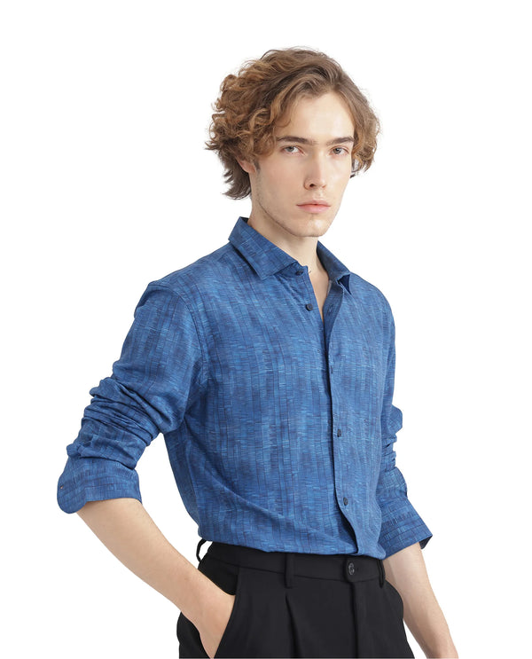 Rare Rabbit Men Doma Blue Full Sleeve Collared Neck Printed Shirt