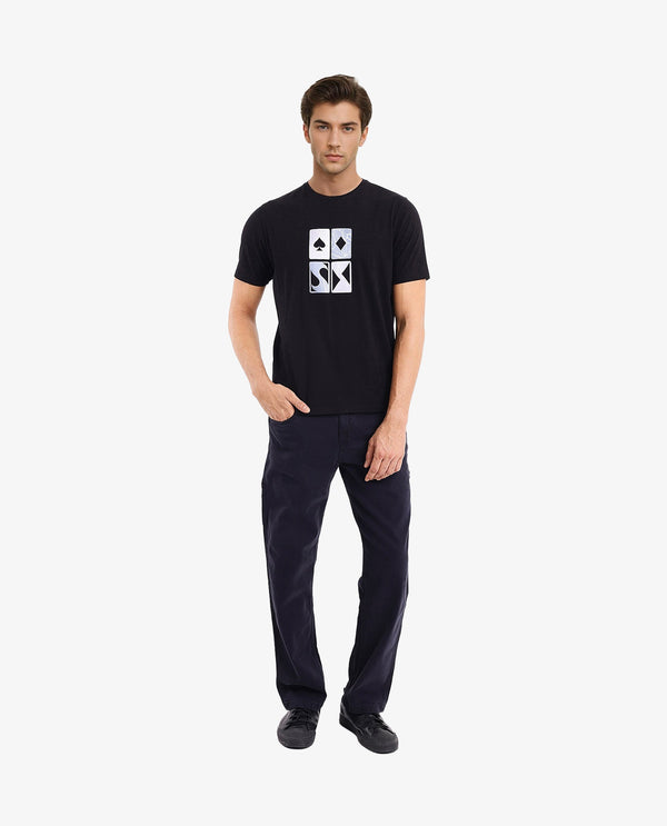 Rare Rabbit Men Dom Black Cotton Lycra Fabric Short Sleeve Crew Neck Oversized Fit Satin Graphic Print T-Shirt
