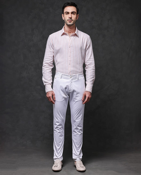 Rare Rabbit Mens Dopple Pastel Peach Full Sleeve Regular Collar Cotton Linen Blend Stripe Shirt
