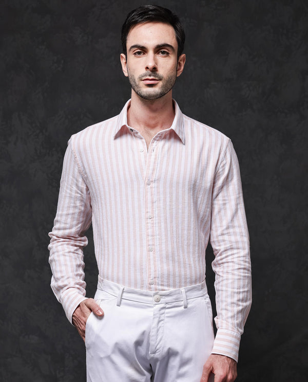 Rare Rabbit Mens Dopple Pastel Peach Full Sleeve Regular Collar Cotton Linen Blend Stripe Shirt
