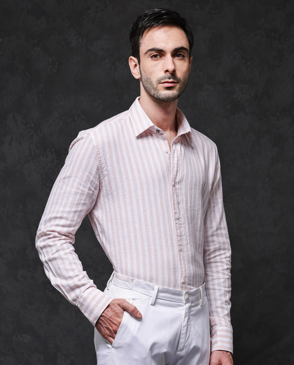 Rare Rabbit Mens Dopple Pastel Peach Full Sleeve Regular Collar Cotton Linen Blend Stripe Shirt