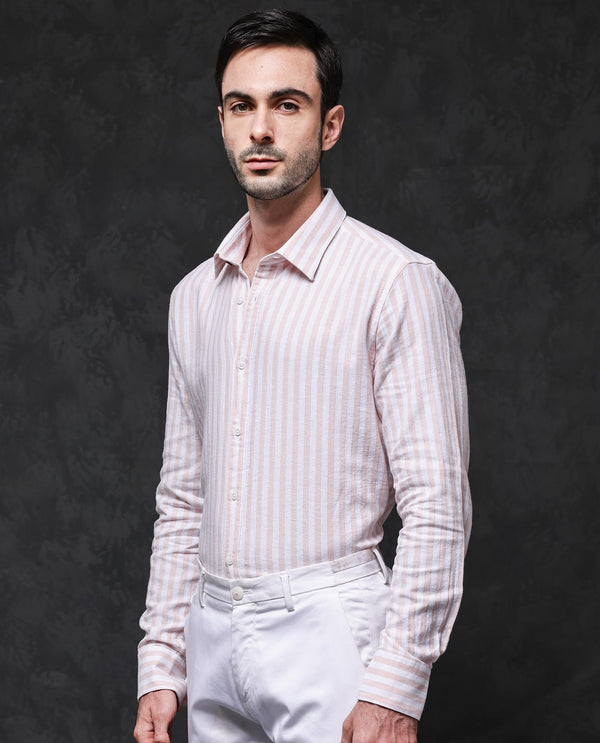 Rare Rabbit Mens Dopple Pastel Peach Full Sleeve Regular Collar Cotton Linen Blend Stripe Shirt