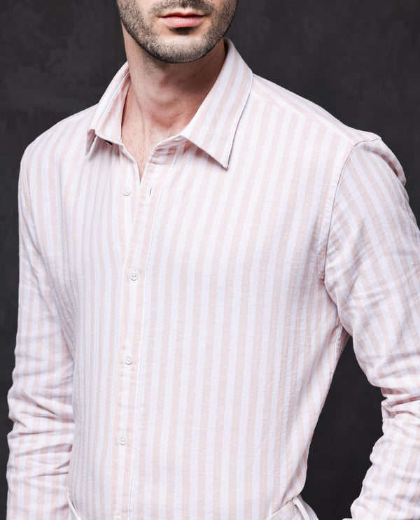 Rare Rabbit Mens Dopple Pastel Peach Full Sleeve Regular Collar Cotton Linen Blend Stripe Shirt