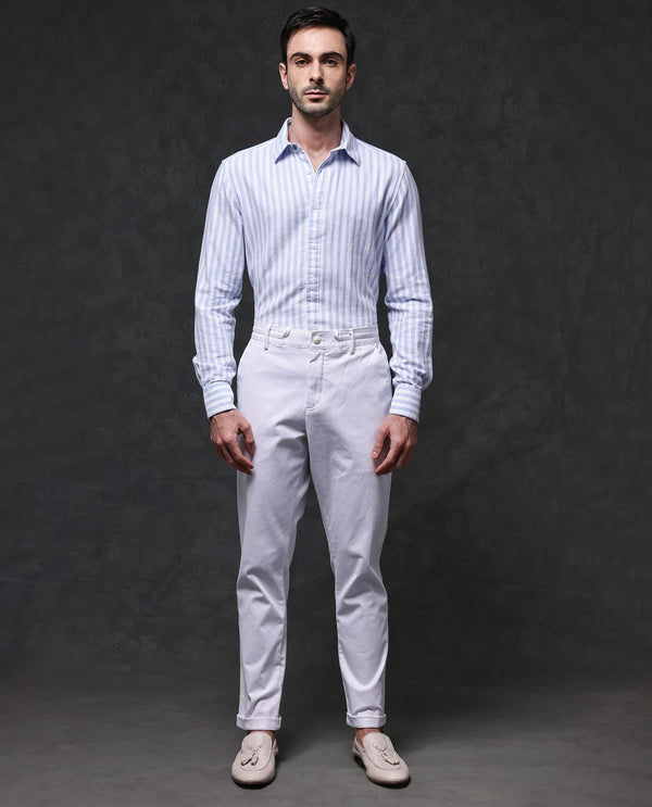 Rare Rabbit Mens Dopple Light Blue Full Sleeve Regular Collar Cotton Linen Blend Stripe Shirt