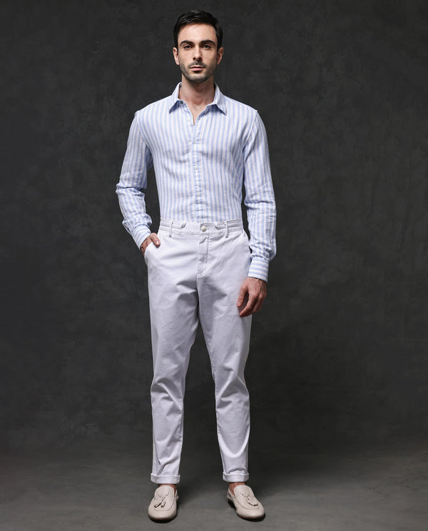 Rare Rabbit Mens Dopple Light Blue Full Sleeve Regular Collar Cotton Linen Blend Stripe Shirt