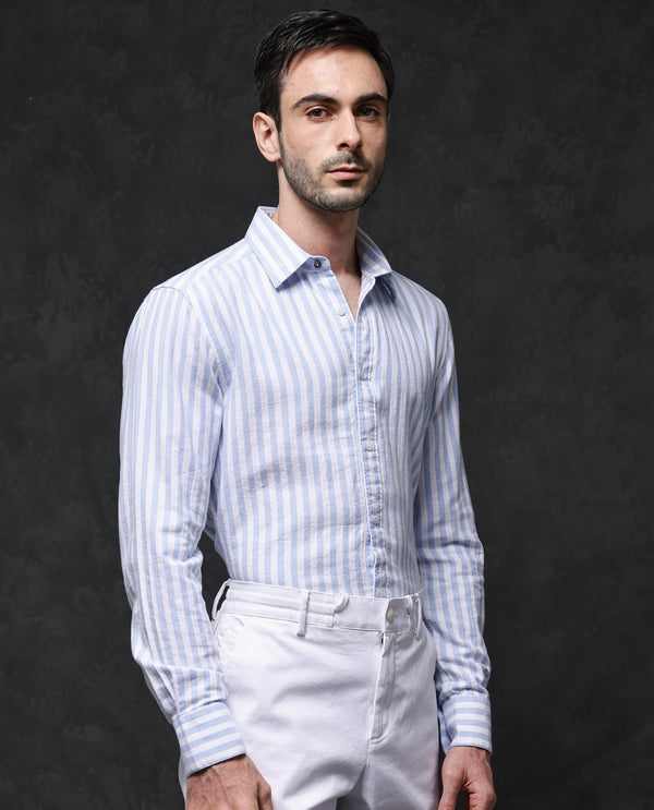 Rare Rabbit Mens Dopple Light Blue Full Sleeve Regular Collar Cotton Linen Blend Stripe Shirt