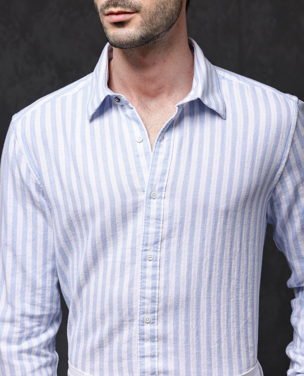 Rare Rabbit Mens Dopple Light Blue Full Sleeve Regular Collar Cotton Linen Blend Stripe Shirt