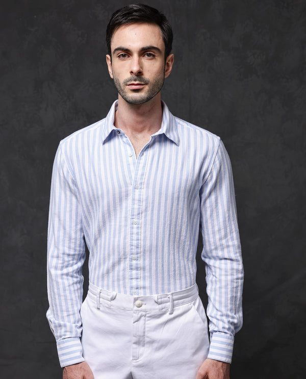 Rare Rabbit Mens Dopple Light Blue Full Sleeve Regular Collar Cotton Linen Blend Stripe Shirt