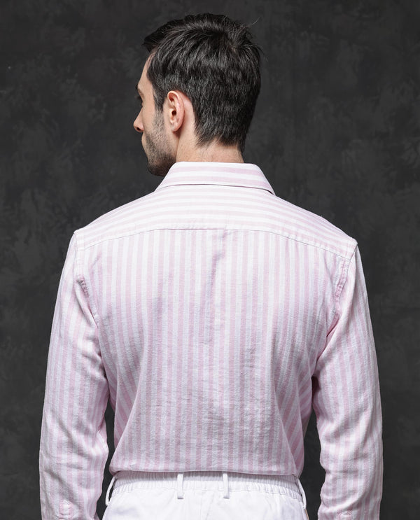 Rare Rabbit Mens Dopple Light Pink Full Sleeve Spread Collar Cotton Linen Blend Stripe Shirt