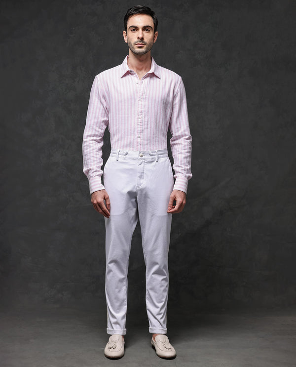 Rare Rabbit Mens Dopple Light Pink Full Sleeve Spread Collar Cotton Linen Blend Stripe Shirt