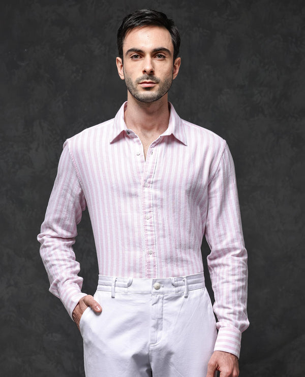 Rare Rabbit Mens Dopple Light Pink Full Sleeve Spread Collar Cotton Linen Blend Stripe Shirt