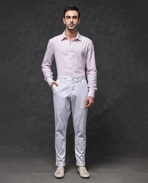 Rare Rabbit Mens Dopple Light Pink Full Sleeve Spread Collar Cotton Linen Blend Stripe Shirt