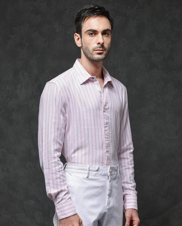 Rare Rabbit Mens Dopple Light Pink Full Sleeve Spread Collar Cotton Linen Blend Stripe Shirt