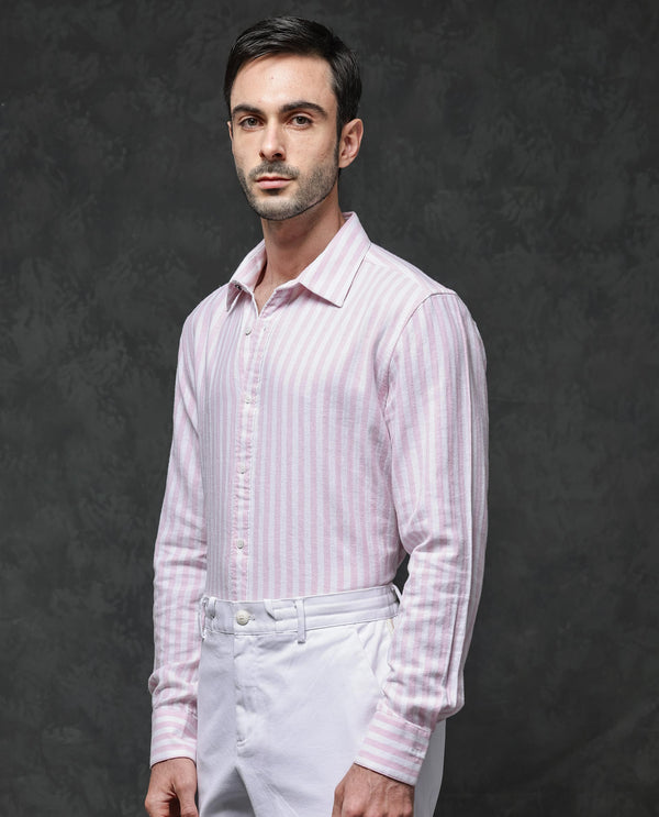 Rare Rabbit Mens Dopple Light Pink Full Sleeve Spread Collar Cotton Linen Blend Stripe Shirt