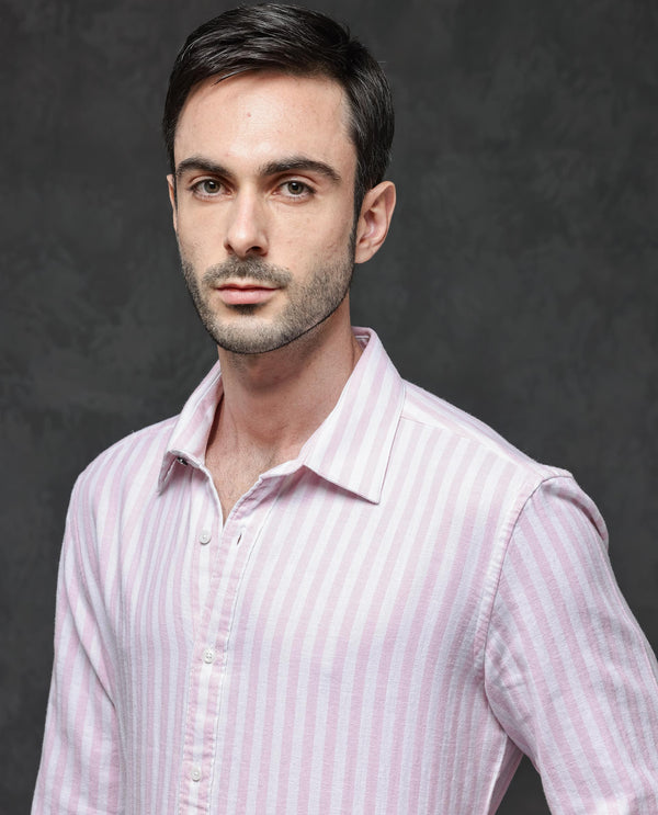 Rare Rabbit Mens Dopple Light Pink Full Sleeve Spread Collar Cotton Linen Blend Stripe Shirt