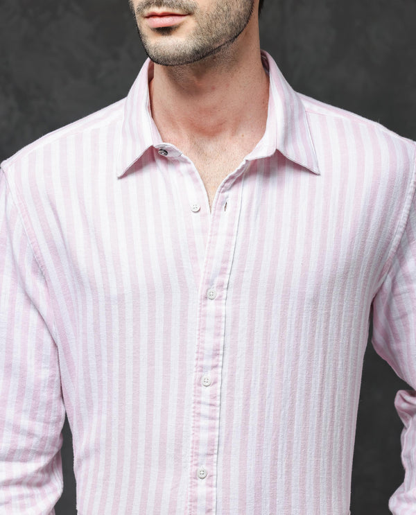 Rare Rabbit Mens Dopple Light Pink Full Sleeve Spread Collar Cotton Linen Blend Stripe Shirt
