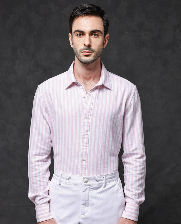 Rare Rabbit Mens Dopple Light Pink Full Sleeve Spread Collar Cotton Linen Blend Stripe Shirt