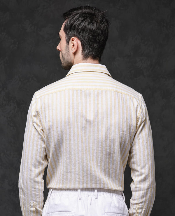 Rare Rabbit Mens Dopple Light Yellow Full Sleeve Regular Collar Cotton Linen Blend Stripe Shirt