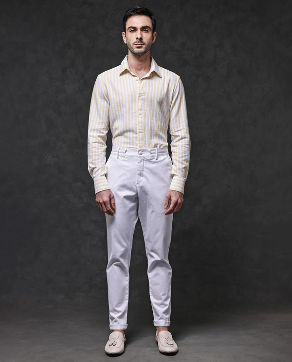 Rare Rabbit Mens Dopple Light Yellow Full Sleeve Regular Collar Cotton Linen Blend Stripe Shirt