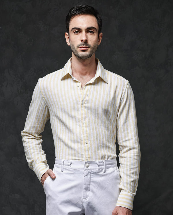 Rare Rabbit Mens Dopple Light Yellow Full Sleeve Regular Collar Cotton Linen Blend Stripe Shirt